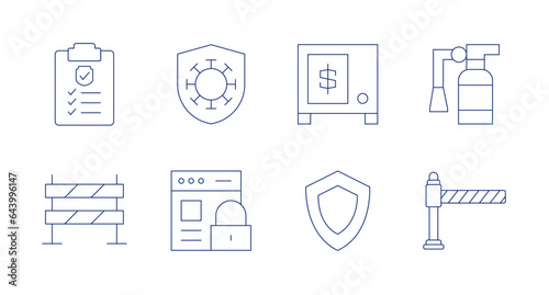Safety icons. editable stroke. Containing checklist, fence, fire extinguisher, gate, immunity, online security, safety box, security. © Spaceicon