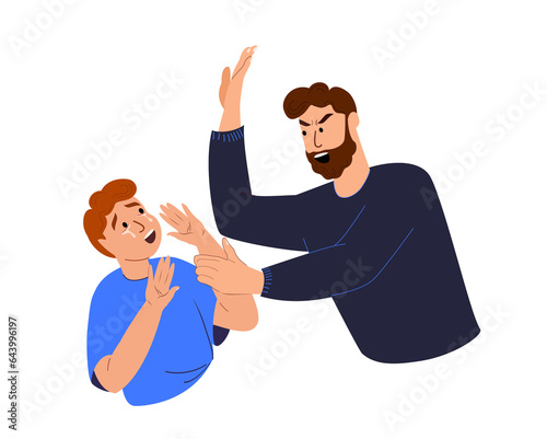 Despotic and tyrannous Father beating his Little Crying Son.Cruel Punisment for Kid Boy.Psychopathic dad creating a psychological trauma for his Child.Agressive Man Shouting.Flat vector Illustration photo