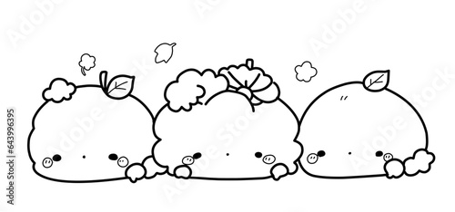A vector of a cute kawaii pumpkins in black and white coloring,coloring page halloween.