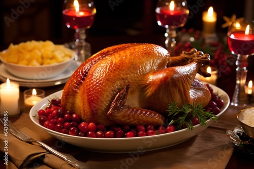festive dinner table adorned with a glistening, golden-brown turkey as its centerpiece. The bird, roasted to perfection, is surrounded by traditional sides like cranberry sauce, green bean casserole, 