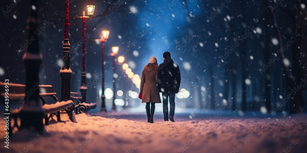 Young couple walking in winter park at night under snowfall. Romantic date concept. - obrazy, fototapety, plakaty 