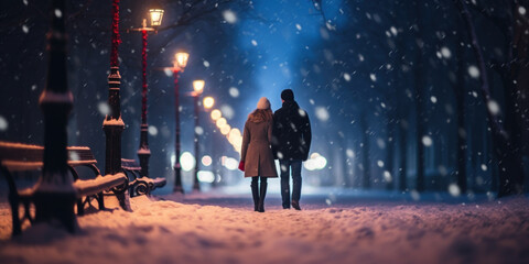 Young couple walking in winter park at night under snowfall. Romantic date concept.