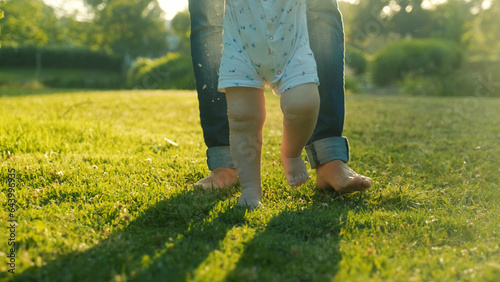 Walking children's bare feet on a green lawn close-up. Child learns to take the first steps on the grass. Baby learns to walk with the help of his mother on a green grass in the park.