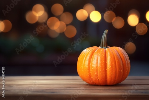 pumpkins on the table against bokeh light background