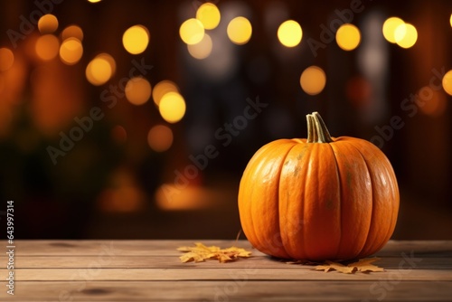 pumpkins on the table against bokeh light background