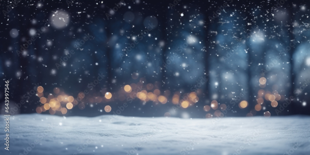 Fototapeta premium Winter background with snow, bokeh and falling snowflakes