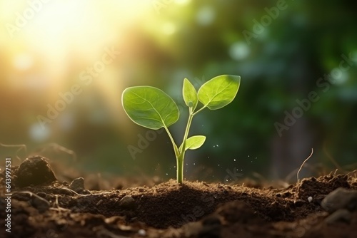small tree growing with sunshine in garden. eco and growth concept
