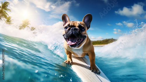 French bulldog on surfboard surfing the ocean waves. Summer sun above the tropical island. Generative AI © mr_marcom