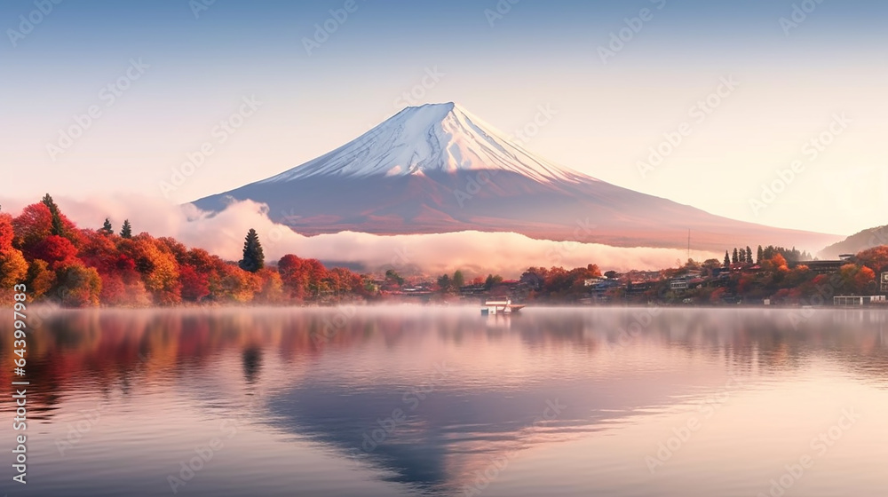 Colorful Autumn Season and Mountain Fuji with river, generative AI