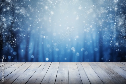 Captivating wintery backdrop with blurry blue hues, snowflakes, and vacant wooden floor. Space for text. Generative AI