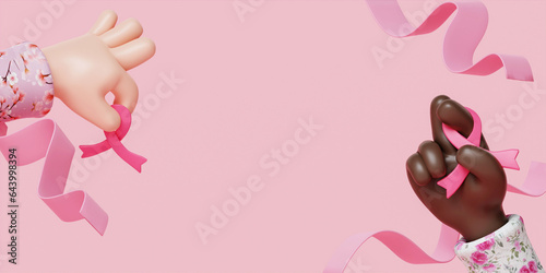 Group of diverse hands holding pink ribbon together representing breast cancer awareness and support. 3D render illustration.