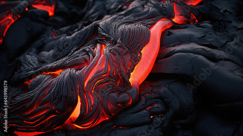 Shiny, bright red lava flowing slowly over a rocky terrain.