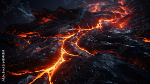 Intricate detail of sparking orangered s of magma snaking through the rocky landscape.