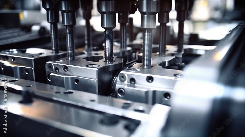 A close up of an industrial machine pressing metal extrusion parts together to form a complete product.