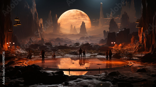 Fantasy alien planet. Mountain and water. 3D illustration.