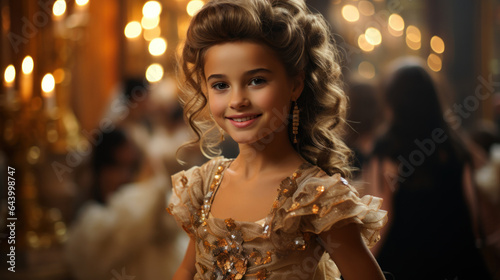 Beautiful little girl actress in evening dress in baroque style.