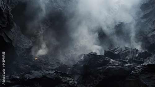 Textured rocky walls of a steaming volcano vent