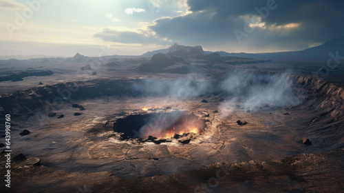 A murky smokefilled volcanic crater surrounded by barren landscape