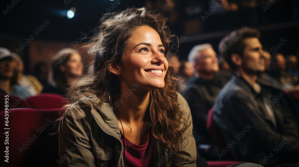 Portrait of a happy young woman sitting in cinema and looking at screen.