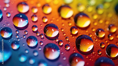 Macro shot of multicolored rain droplets dancing in midair.