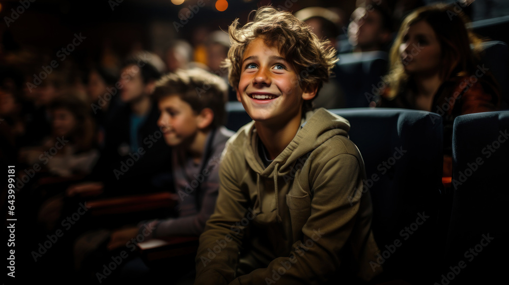 Portrait of a smiling boy looking at screen while sitting in cinema.