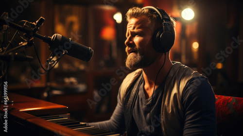 A man with a beard in headphones play piano and sings into a microphone in a recording studio.