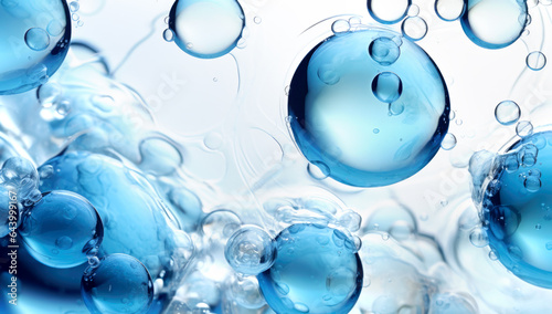 Oxygen bubbles in clear blue water, close-up. Mineral water. Water enriched with oxygen. . Made with AI gereration