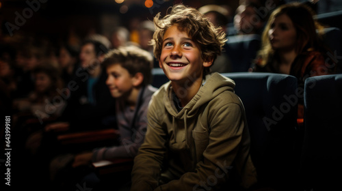 Portrait of a smiling boy looking at screen while sitting in cinema. © AS Photo Family