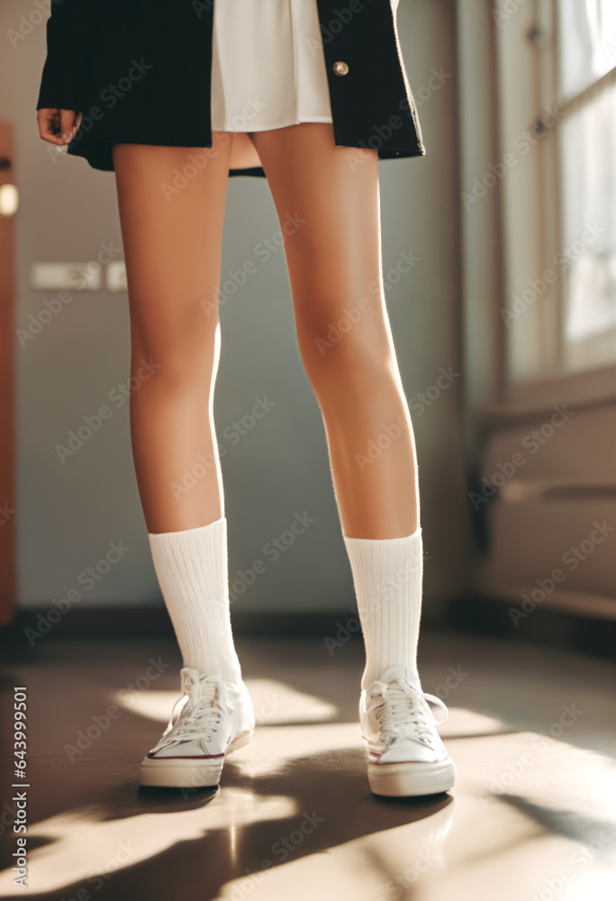 Close up of girl in socks and sneakers standing