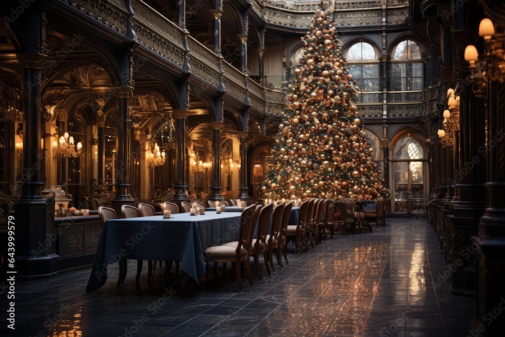 Grand Christmas Tree Adorned With Sparkling Ornament, Generative AI