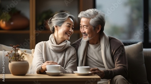 Happy senior asian couple in casual clothing smiling and drinking tea © mariiaplo