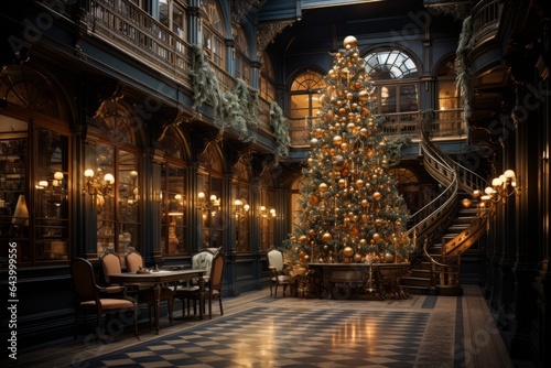 Grand Christmas Tree Adorned With Sparkling Ornament  Generative AI