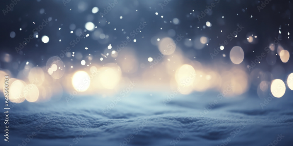 Obraz premium Winter and christmas background with snow and bokeh defocused lights