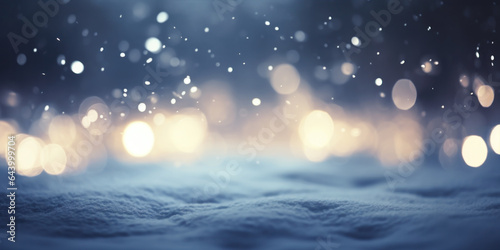 Winter and christmas background with snow and bokeh defocused lights