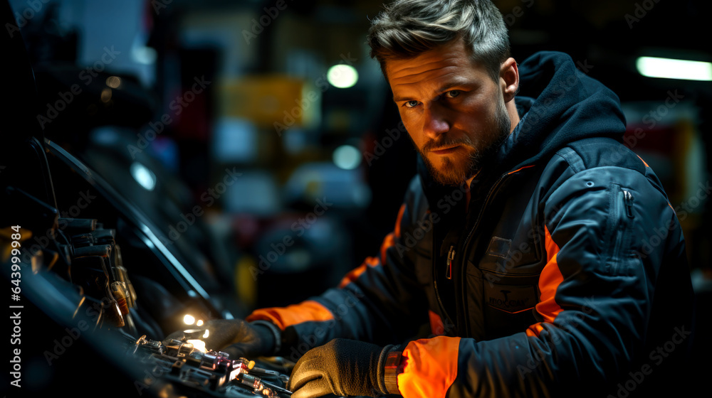 Portrait of a young beautiful car mechanic in a car workshop, in the background of service. Concept: repair of machines, fault diagnosis, repair specialist. AI generated