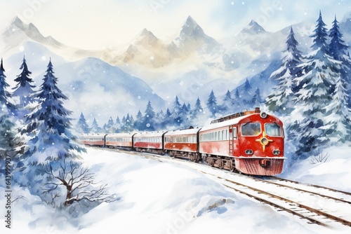 A winter landscape with a train on a snowy track in the mountains, depicted as an art illustration. Generative AI