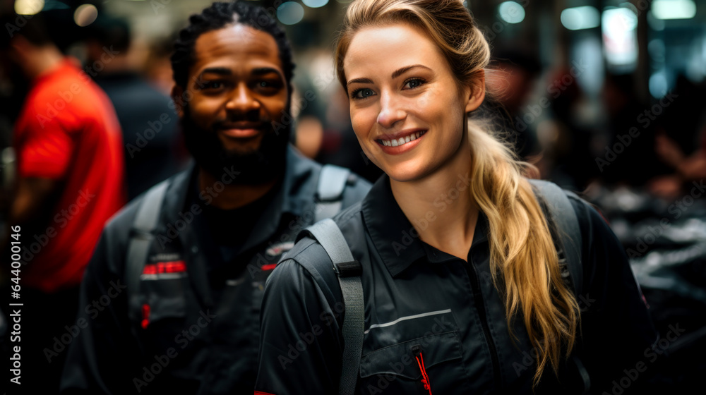 Team of mechanics smiling at camera at the repair garage. AI generated
