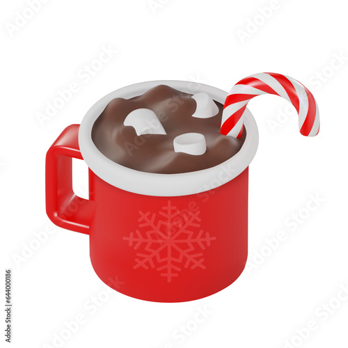 render of a red mug with a snowflake. christmas drink. cocoa or hot chocolate with marshmallows and lollipop. Vector 3d illustration isolated on white background