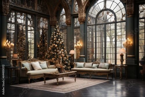 Stunning Christmas Tree In An Elegant Living Room, Generative AI 