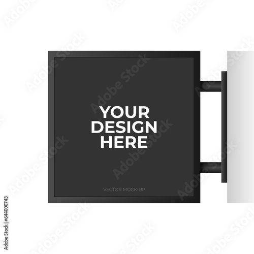Signboard Black Square Signage Vector Mockup. Template Mounted on the Wall