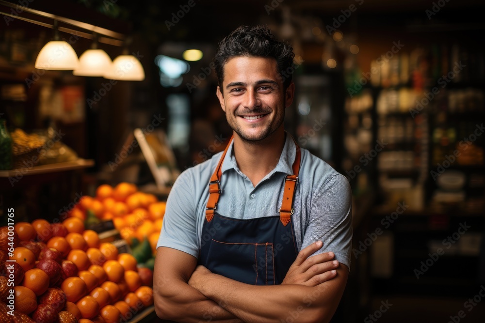 Portrait of a shop assistant. Smiling young adult man stands in a grocery Portrait of a shop assistant. Smiling young adult man stands in a grocery
