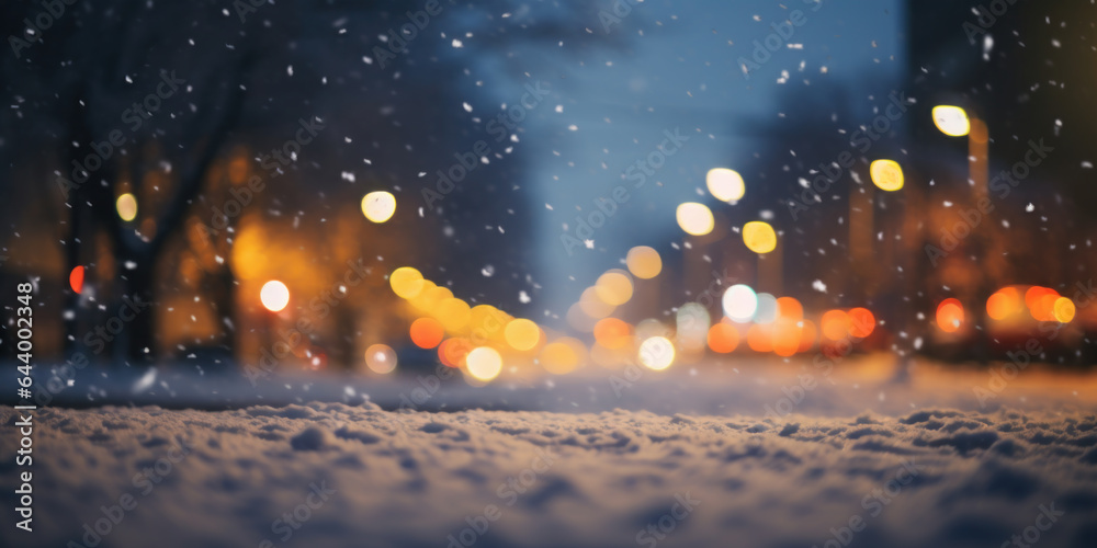 Fototapeta premium Snowfall in the city at night. Blurred background with snowflakes.