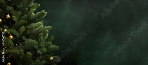 Christmas banner. Pine tree decorated with balls on green background. (ID: 644002763)