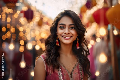 Portrait of a cute smiling Indian ethnic girl in the background of Diwali festival lights