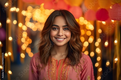 Portrait of a cute smiling Indian ethnic girl in the background of Diwali festival lights