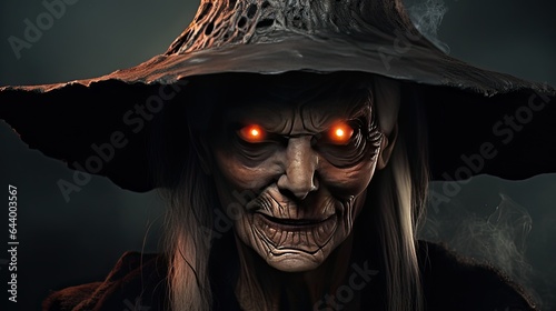 Scary With with detailed face, halloween woman with hat and spooky makeup