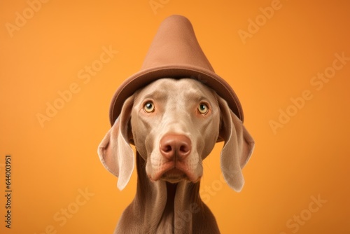 Photography in the style of pensive portraiture of a happy weimaraner dog nose bumping wearing a wizard hat against a pastel orange background. With generative AI technology