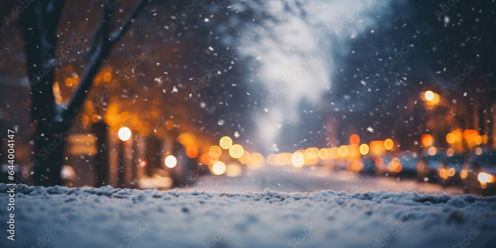 Winter city street with snowflakes. Blurred background, bokeh.