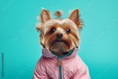Photography in the style of pensive portraiture of a smiling yorkshire terrier listening wearing a therapeutic coat against a pastel teal background. With generative AI technology