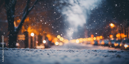 Winter city street with snowflakes. Blurred background, bokeh. © Marc Andreu